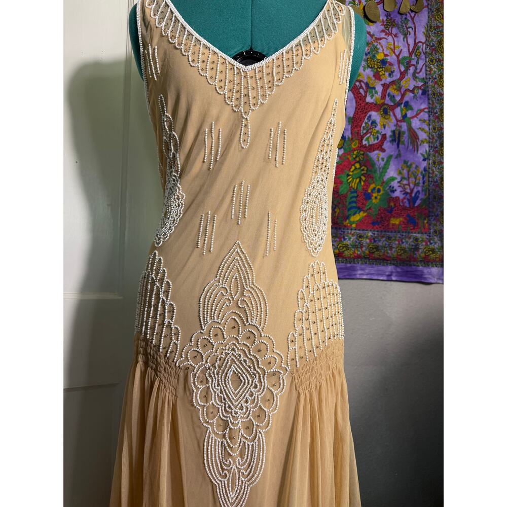 Together Beaded Midi Dress Nude Art Deco Gatsby 1920s Style Mesh Formal - Size 8 - Picture 2 of 11